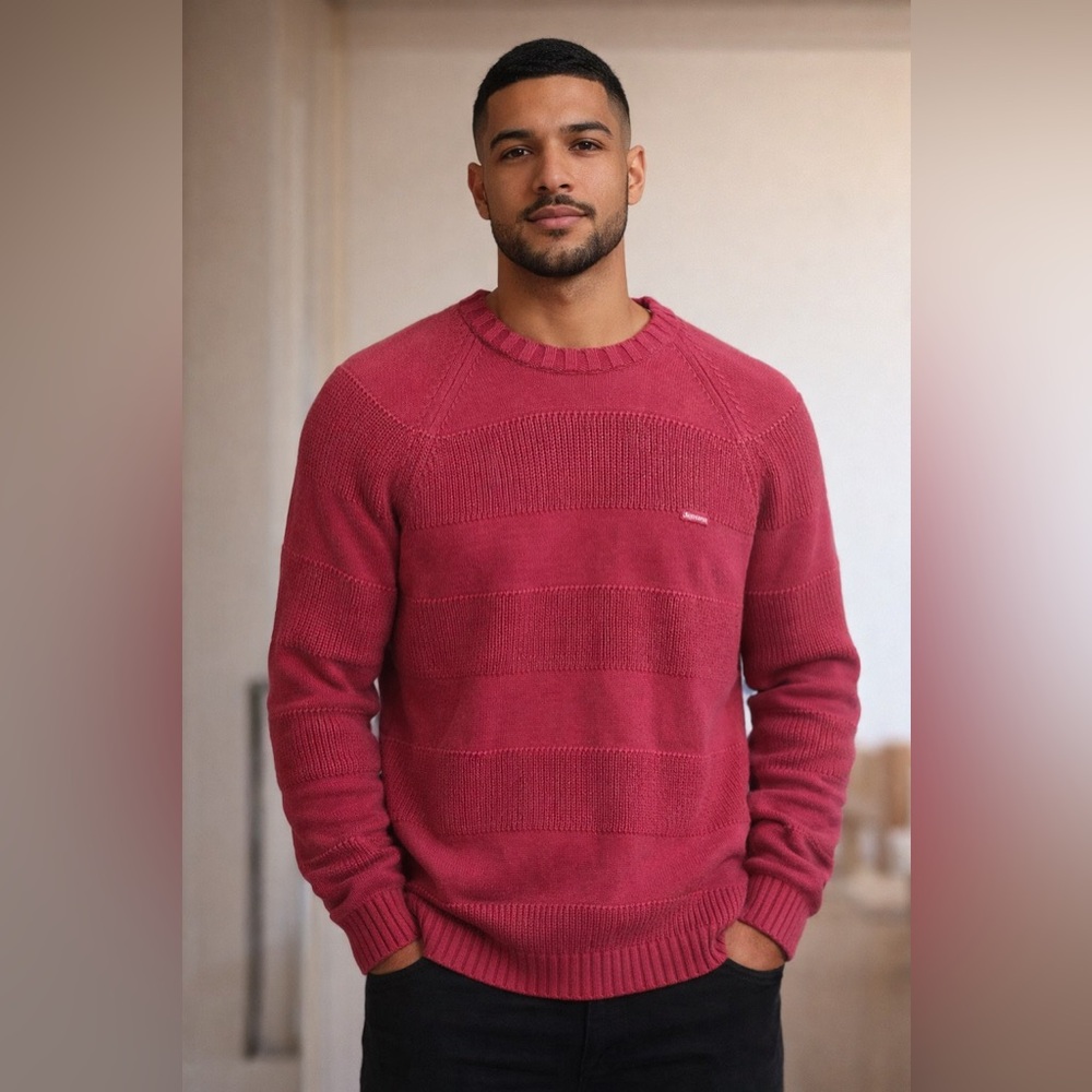 SUPREME Timeless Small Box Striped Men's Fuchsia Burgundy Hue Crewneck Sweater
